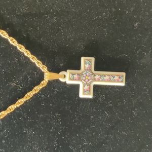 Vintage Avon Gold-toned 24" Rope Chain w/Ceramic Gold lined Floral Cross.